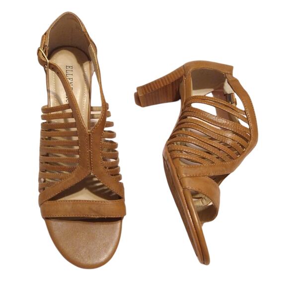 NWOB ELLEN TRACY Tan Leather Caged Heels size 8.5 Open Toe Strappy - Picture 1 of 5